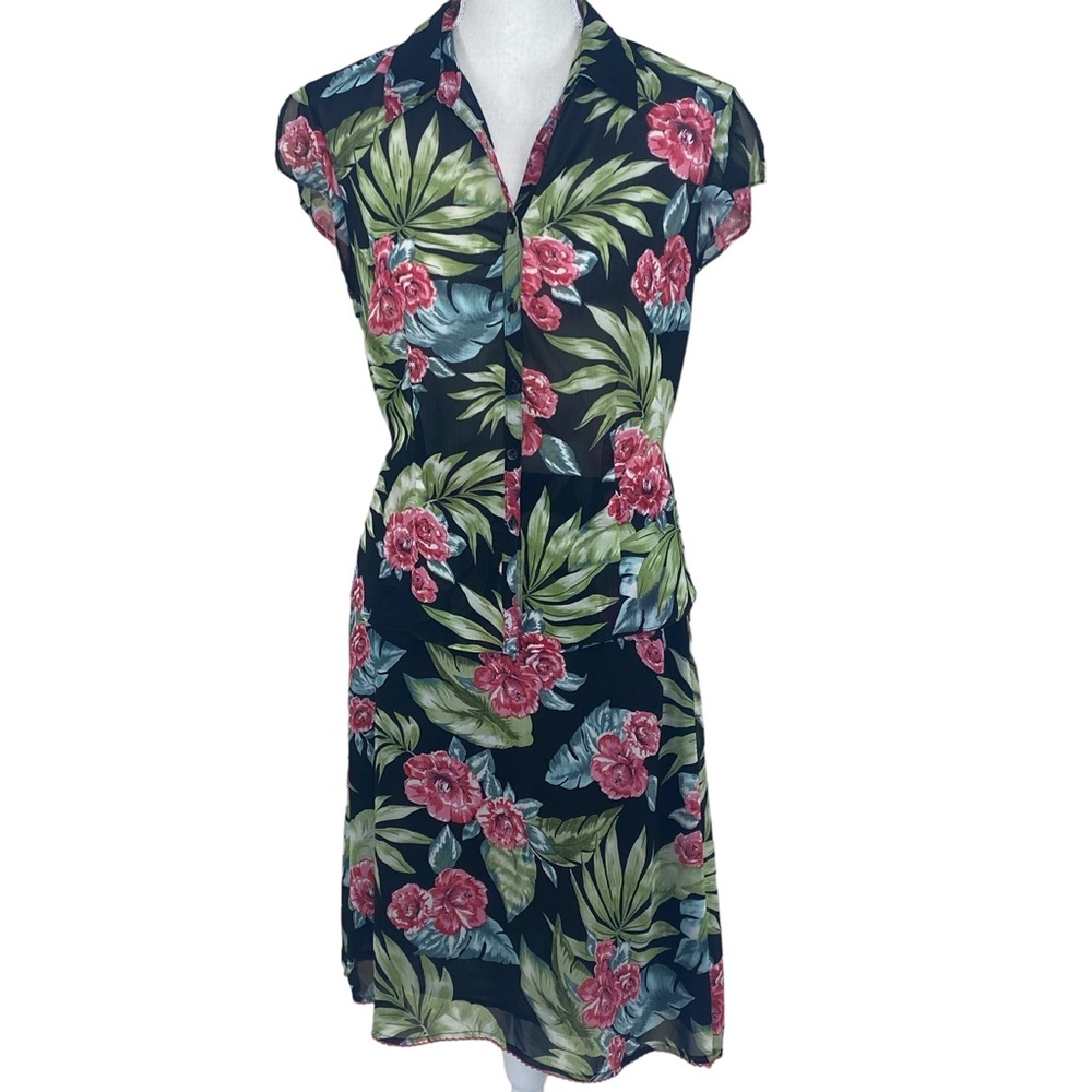 Nine & Co Black Tropical Print Top And Skirt Set 10P Lightweight Floral Ruched